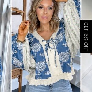 POL Blue and Cream Floral Lace-Up Top